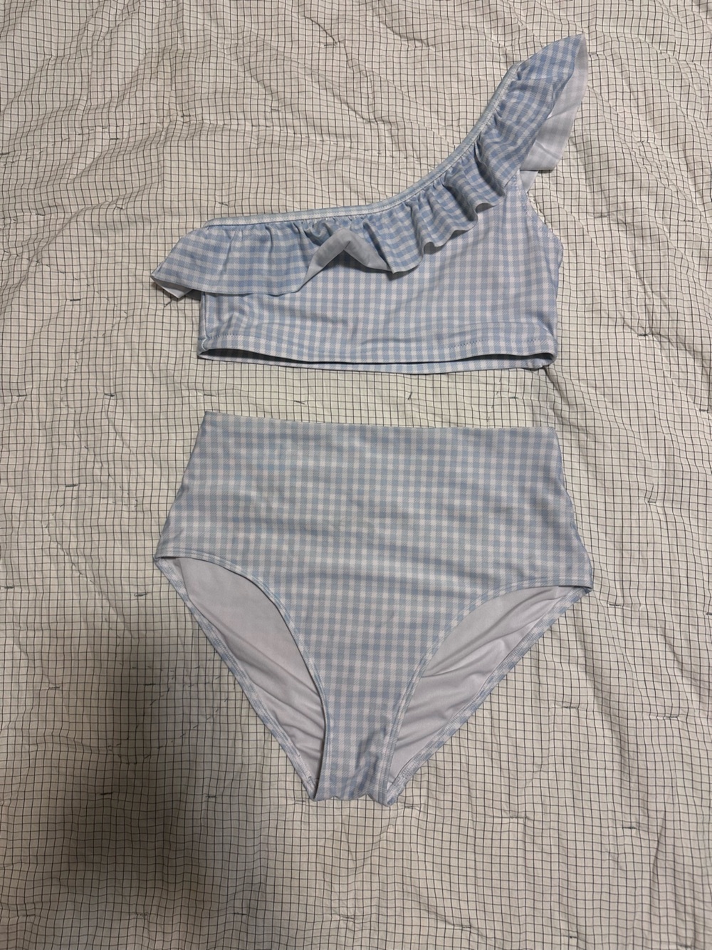 Old Navy Light Blue Gingham One-Shoulder Ruffle Bikini Set